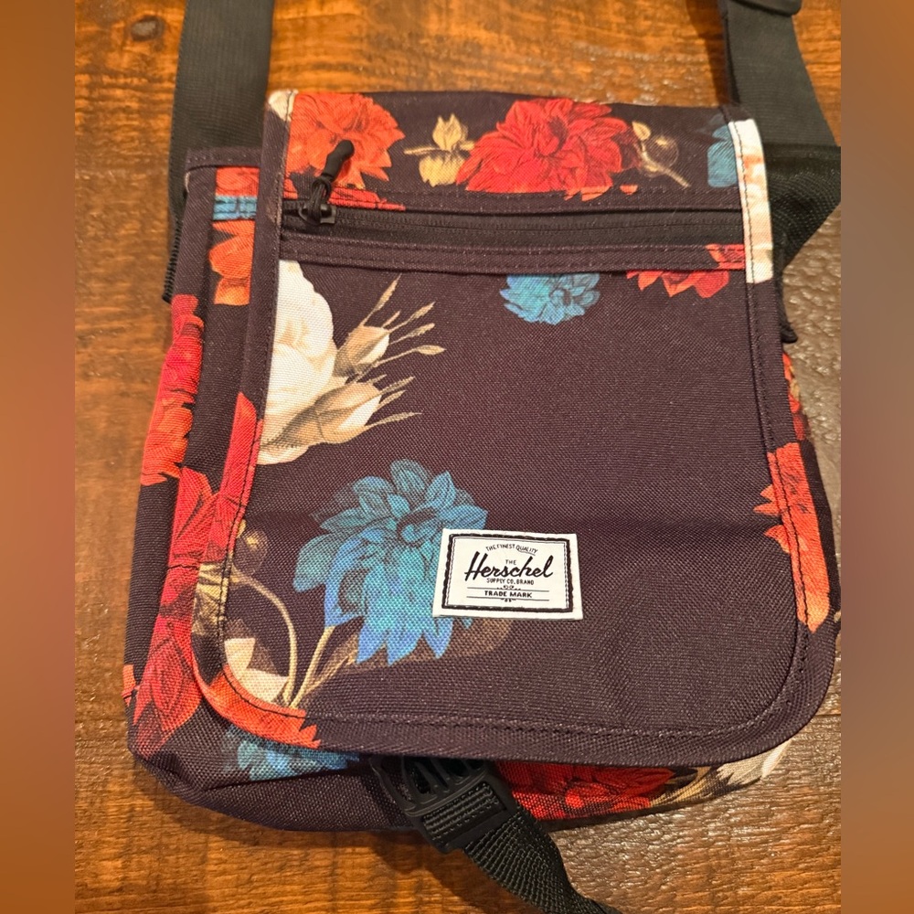 Herschel Floral Canvas Crossbody Bag - Black, Ivory Blue and Red